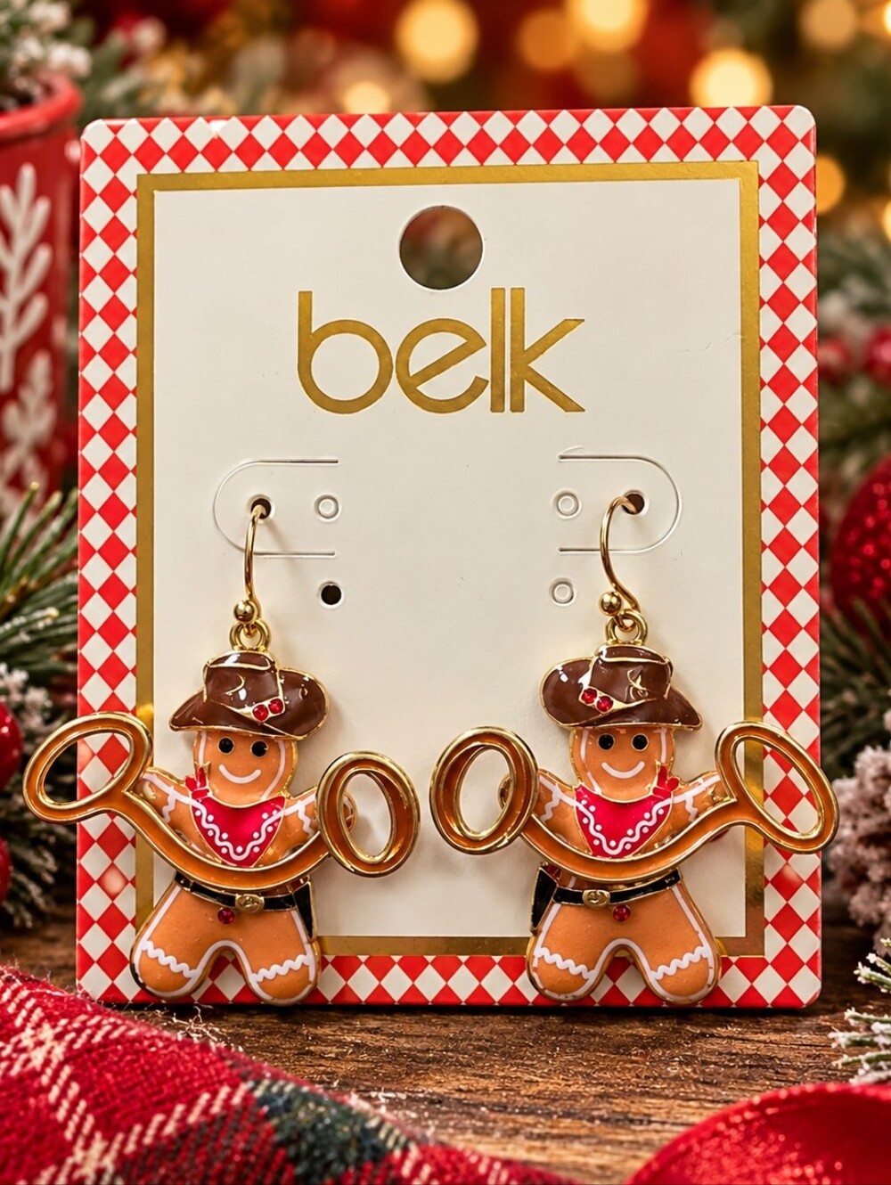 Belk Merry Motif Gingerbread Cowboy Lasso Christmas Earrings 🤠🎄, NWT